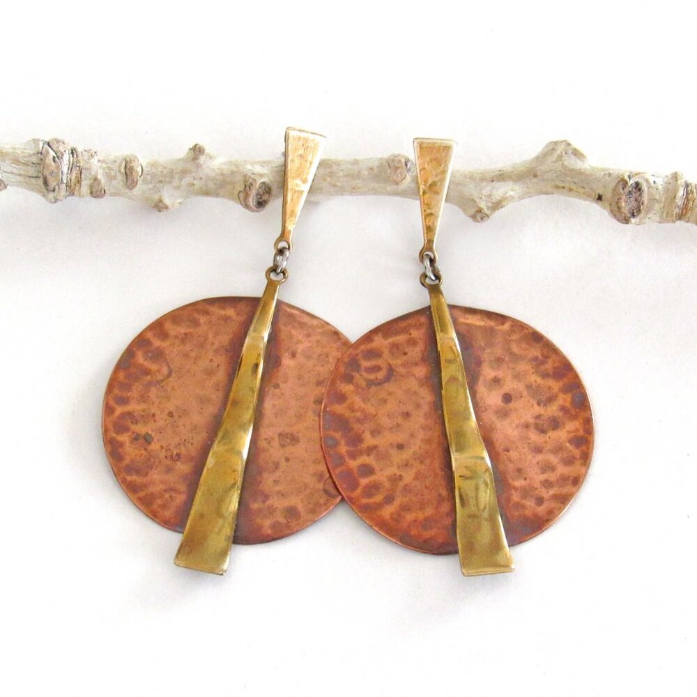 Vintage Hammered Copper and Brass Mixed Metal Pierced Post Earrings